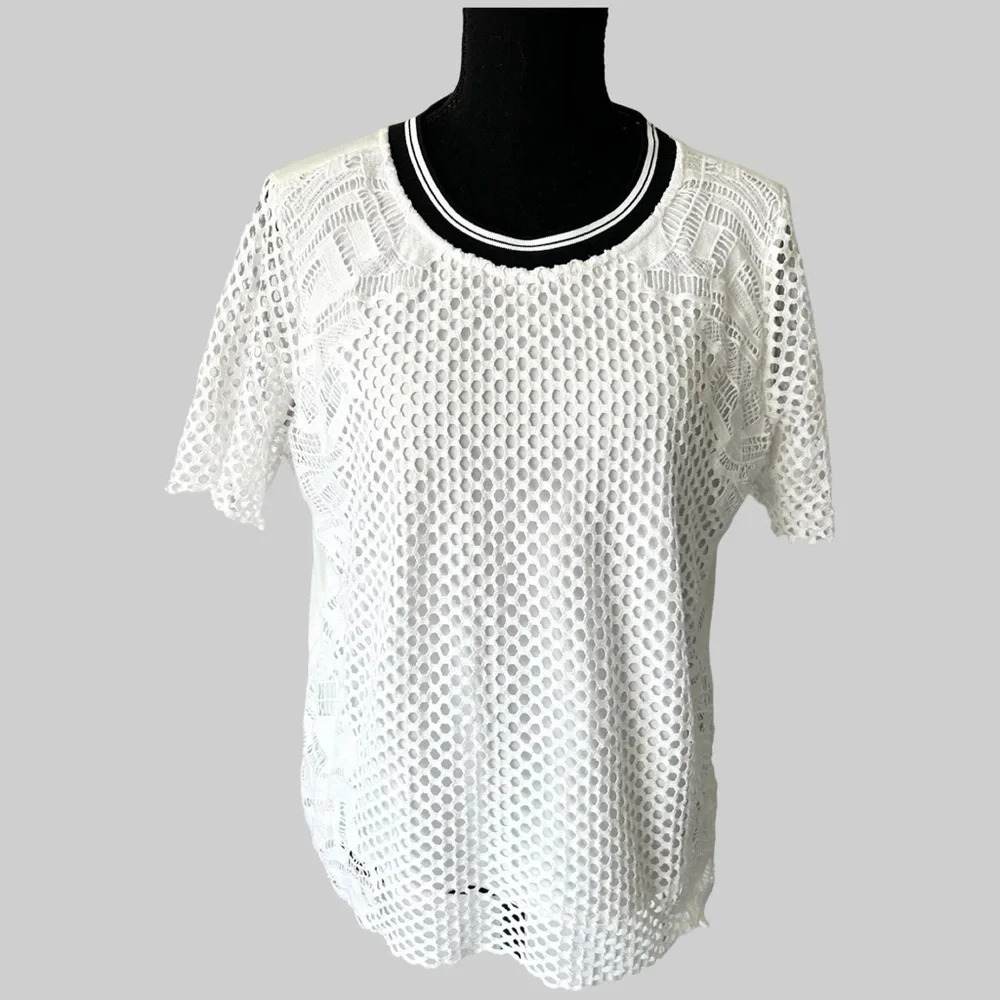Trouve White  White Mesh CROCHET OVERLAY Blouse